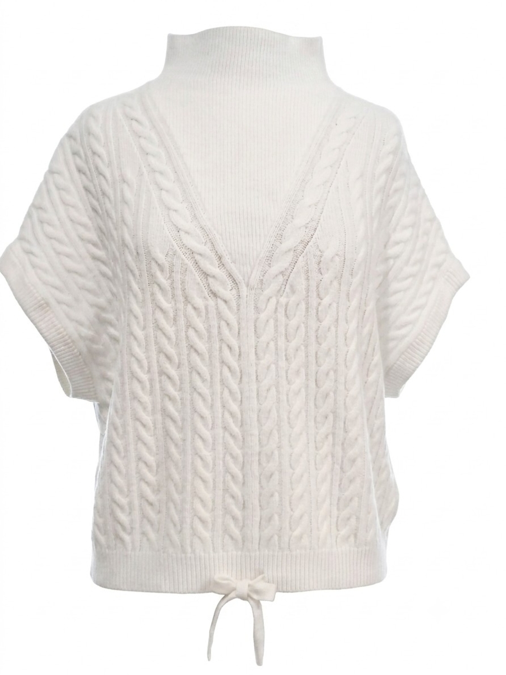 Express White Cable-Knit V-Neck Sweater with Mock Neck and Drawstring